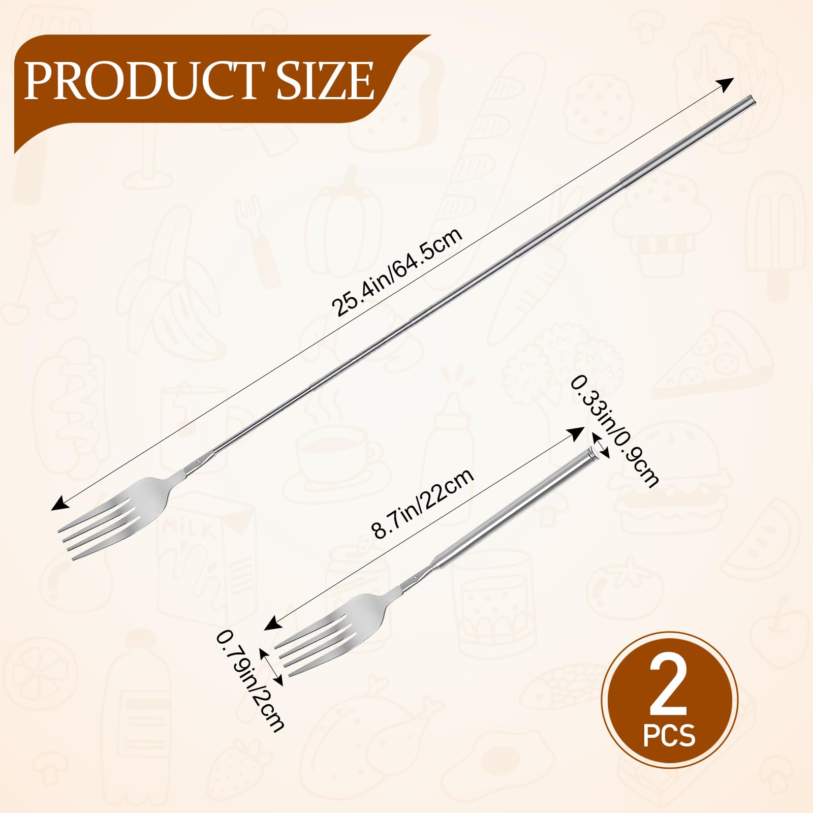 Ninsula Extendable Fork 2 PCS, Stainless Steel Long Fork 8.7 to 25.4 Inch, Extending Fork for Jokes, Fruit, Dinner, Dessert, BBQ (Silver) — Amazon image 2
