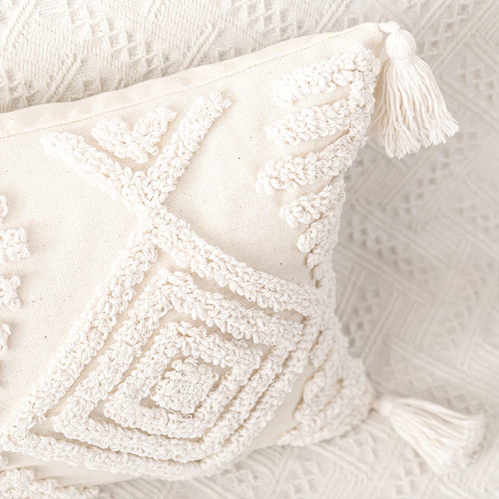 Boho Kissen, Vintage Beige Tufted Diamond Grid Jacquard Quasten Baumwolle Dekorative Kissenbezüge Marokkanisch Nordic 45X45Cm Dekokissen Bezüge Für Sofa Schlafzimmer Wohnzimmer,45X45Cm,6-Teiliges