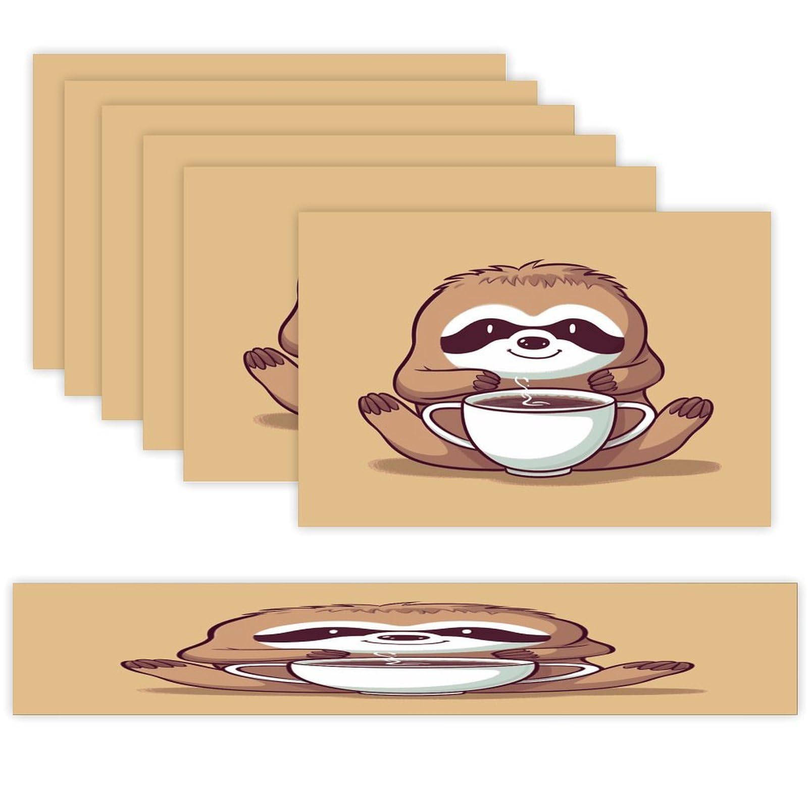Yoga Sloth Coffee Table Runner and Placemats Set of 6 Wipe Clean Heat Resistant Table Mat with Table Runner Decorations Flax Linen Place Mat Set for Home Kitchen Party Supplies