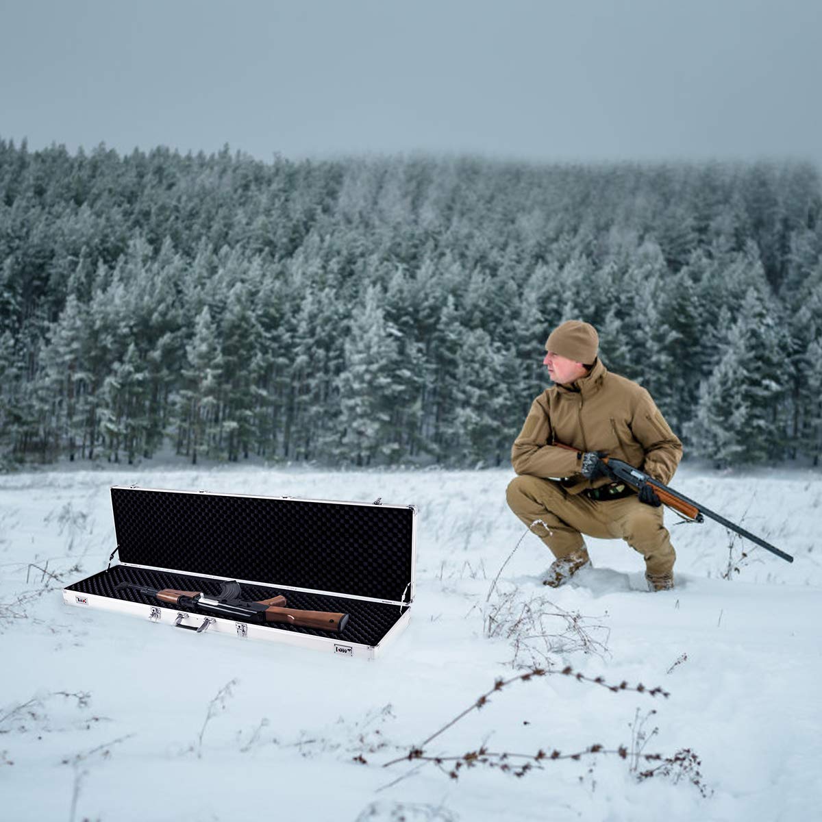 GYMAX Mallette Fusil, Mallette en Aluminium 134×35×12 CM, Valise à Fusil avec Serrure à Combinaison, Étui pour Arme et Objets de Valeur