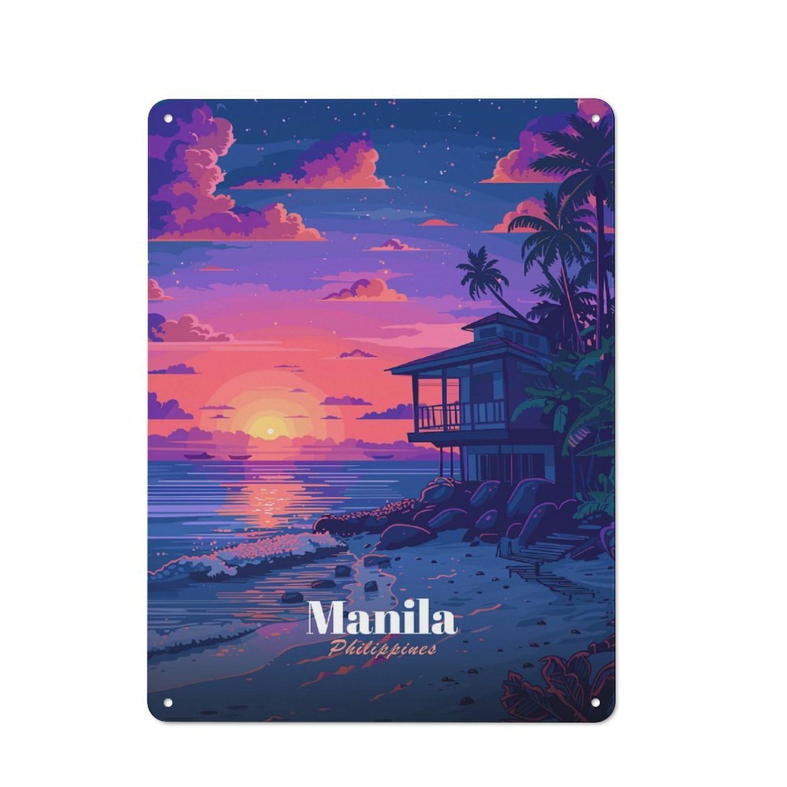 Manila Philippines Sunset Beach House Decorative Metal Sign 40x30cm, Country Style Bistro Wall Plaque for Kitchen, Cafe, Pantry Or Dining Room