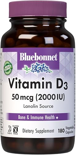 Bluebonnet Nutrición Vitamina D3 2000 UI Cápsulas Vegetales, Ayuda en el Crecimiento Muscular y Esquelético, Colecalciferol de Lanolina, D3, sin