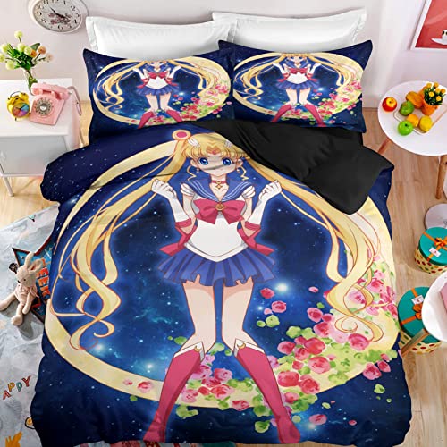 Fundas Nordicas Anime Manga Luna Hermosa Niña con 2X Funda Almohada 40X75Cm Microfibra Juego De Cama Funda Nordica 135 X 200 para Niños Niñas 135 X 200 Cm