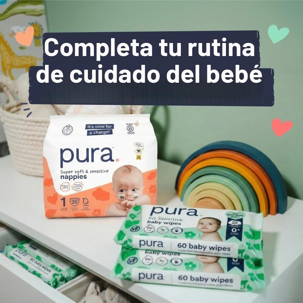 Pura Pañales para Bebé Talla 3, 156 Unidades, 4-9kg, Ultra Suaves, Hipoalergénicos y para piel sensible, sin sustancias tóxicas, Tecnología Blowout Blocker™, hasta 12 horas de protección contra fugas*
