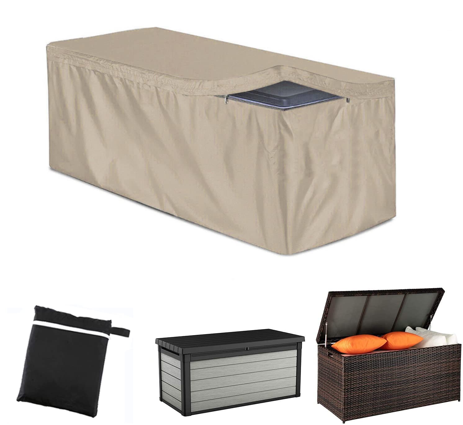 Housse de rangement pour terrasse d'extérieur avec fermeture éclair, imperméable, Oxford 420D, rectangulaire, protection anti-UV (beige, 158 x 81 x 71 cm)