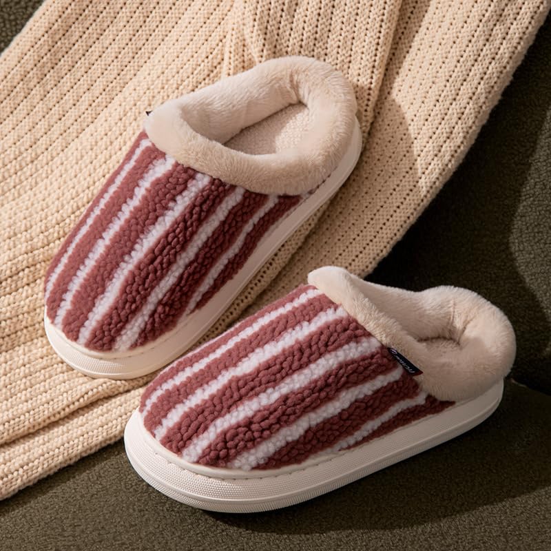 Women’s Striped Plush Indoor Slippers, Closed Toe House Shoes with Soft Lining & Non-Slip Sole for Fall Winter2