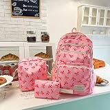 Conjunto de mochila para laptop estilo coreano de 40,6 cm, mochila artística de 3 peças com lancheira e estojo, alça ajustável de grande capacidade, mochila leve para trabalho, esportes, viagens, rosa