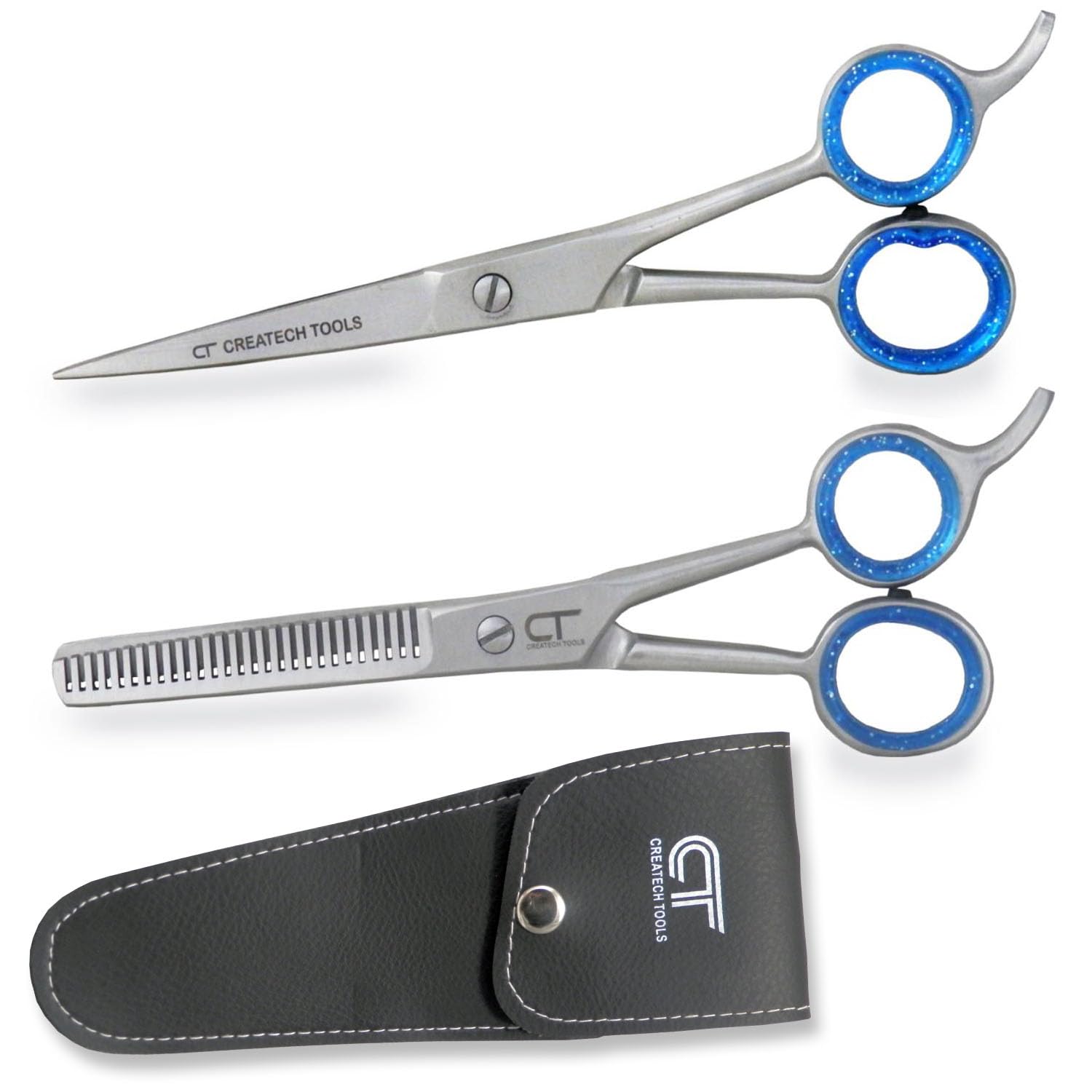 Pack of 2 Hair Cutting Scissors Set - 6.5” Straight and Thinning Scissors Shears with PVC Pouch, Blue