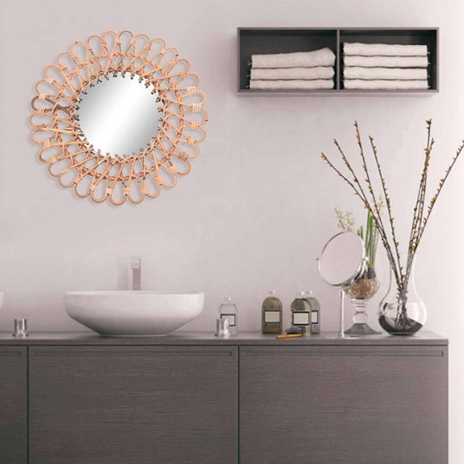 Espejo de pared redondo de ratán, 40 cm, estilo bohemio, escandinavo, decorativo, para salón, pasillo, baño, incluye kit de montaje