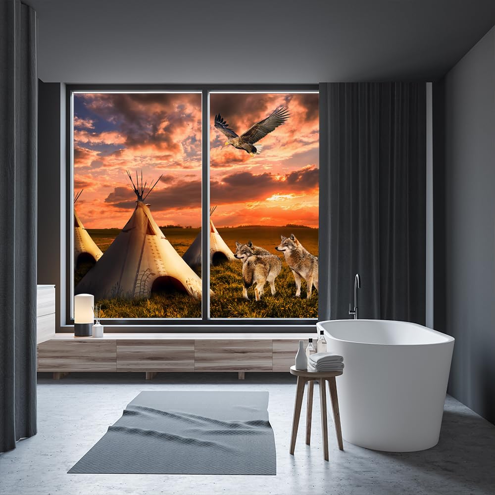 fensterfolie zelt COALHO Tribal American Western Home Fensterfolie, rustikal, Westerngrasland, Tribal Sonnenuntergang, Zelt, Adler, Wolf, geeignet für Wohnzimmer, Küche, Bad, 60 B x 120 L cm, 2 Stück Farbe:SILVER Drei Radmarathons für 