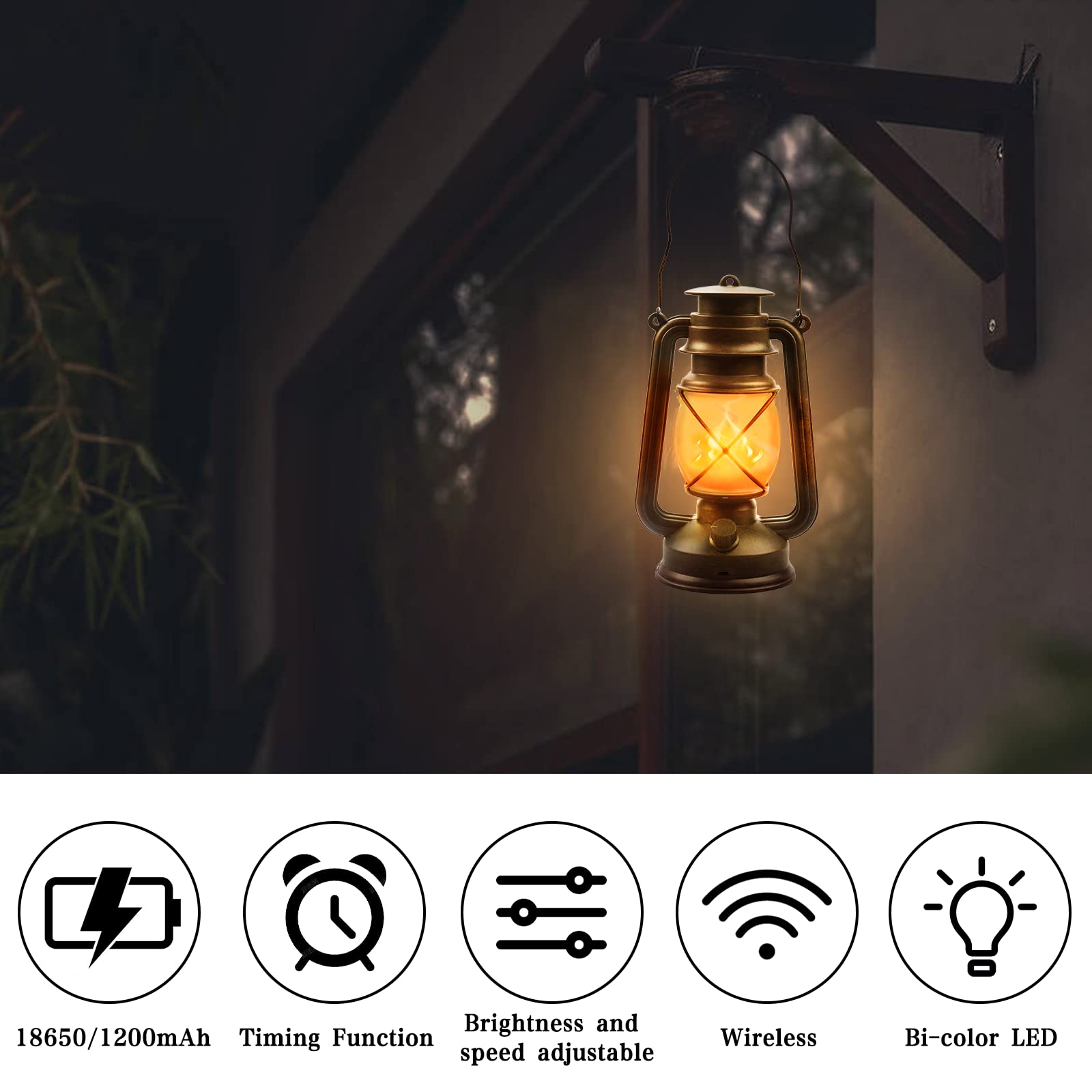 Lanterna da Esterno Vintage, Interno LED Lanterne da Giardino Sospensione con Telecomando 4 Modalità Luci LED Lanterne Alimentata Batteria con Effetto Fiamma per Giardini, Terrazze, 2 Pezzi