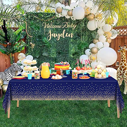 Image of Mulbozy 2 Pcs Navy Blue and Gold Table Cloth,Disposable Rectangle 54x108 in
