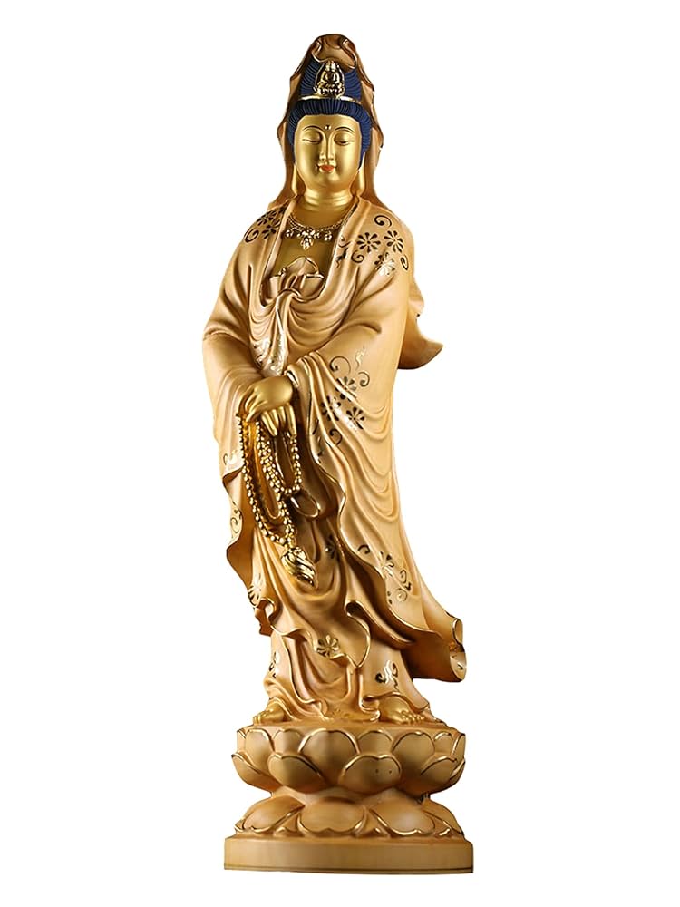 Amazon.co.jp: 木雕佛像-原木泥金画系【观音菩萨观音像】立像