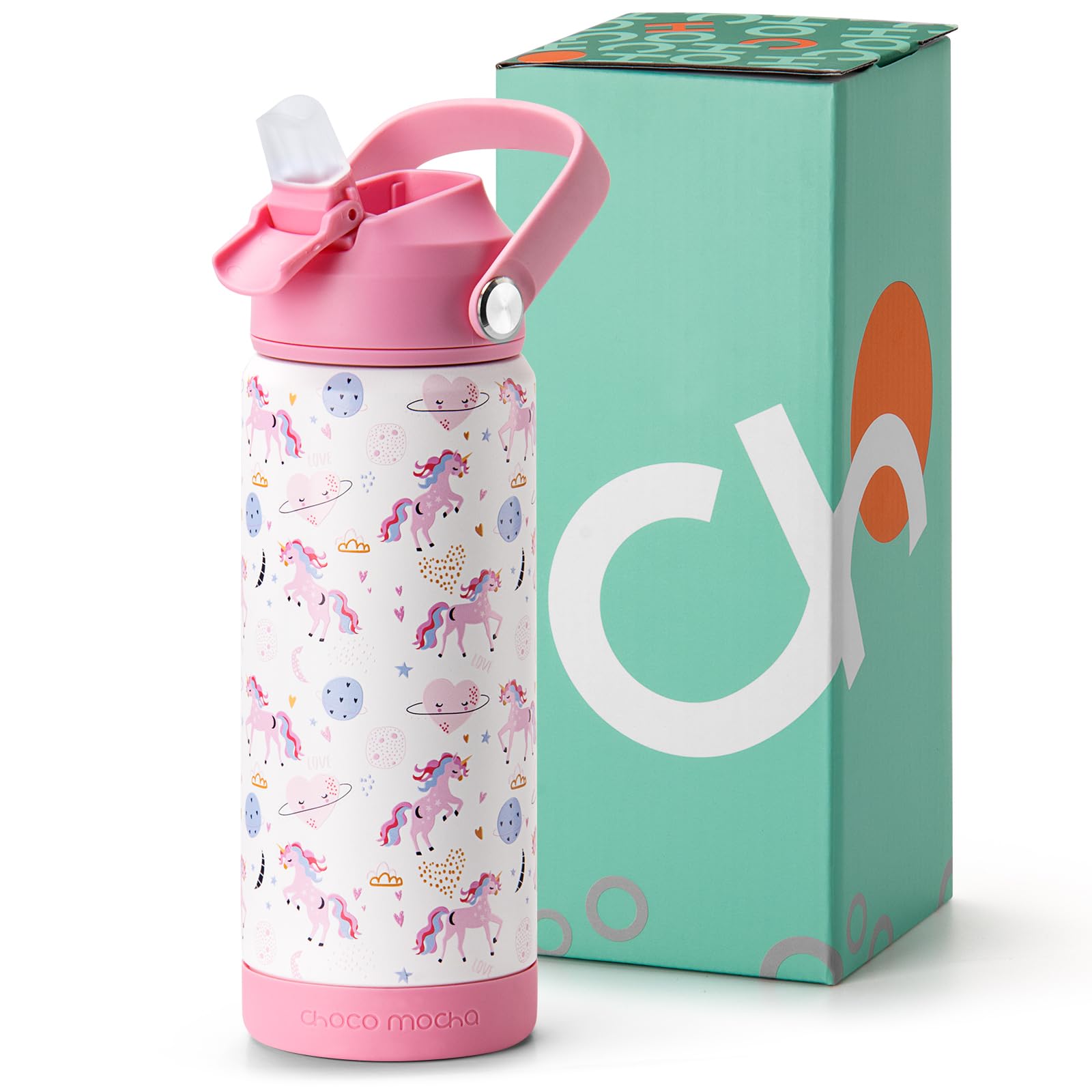 Choco Mocha Kinder-Wasserflasche für Schule, isolierte Einhorn-Wasserflasche, Edelstahl, 530 ml, Rosa und Weiß