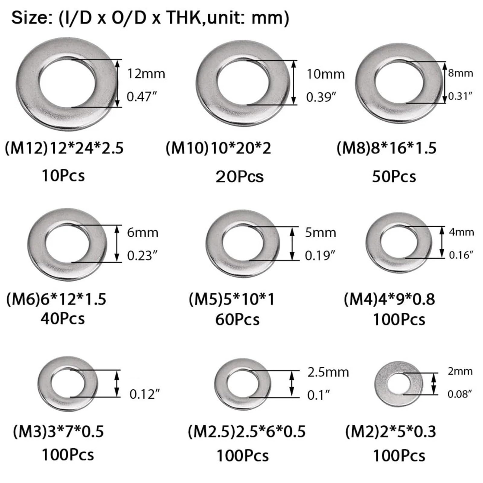 Assortiment de rondelles plates en acier inoxydable 580, 304 pièces, ensemble d'assortiment, bague d'étanchéité, fixation joint, entretoise ronde, Kit à vis métal Pour Vis Et éCrous