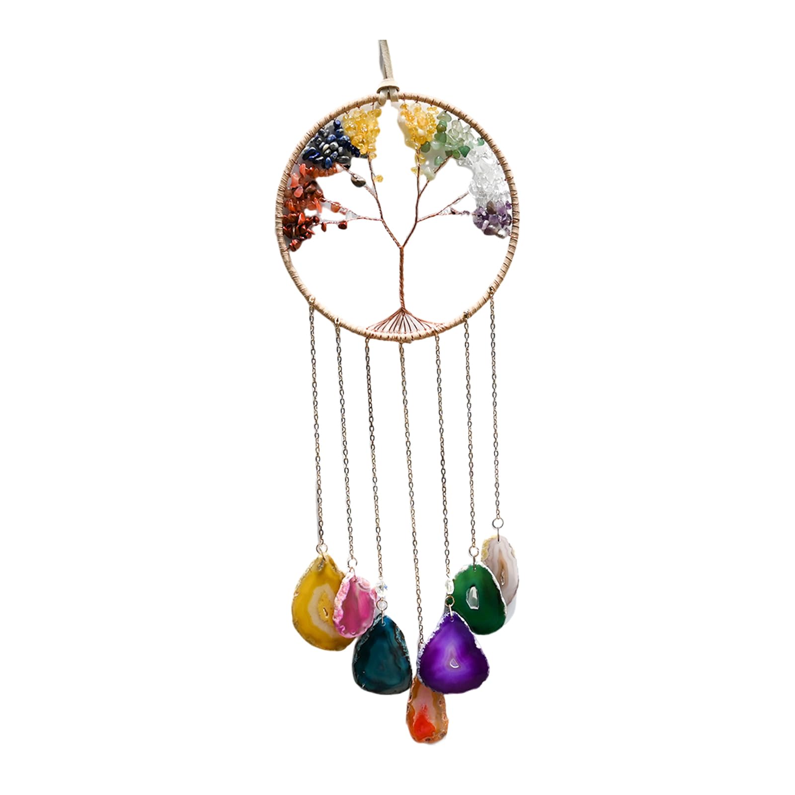 7 Chakra Windspiel Lebensbaum aus Naturstein Achat Scheiben | Handgemachtes Kristall Windspiel für Garten Draußen & Innen, Edelstein Wand-Deko & Fenster-Ornament Mehrfarbig