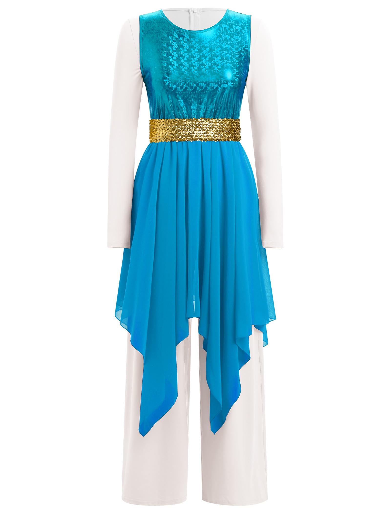 AFAVOM Praise Dance Dresses for Women Metallic Sequin Asymmetric Ruffle Chiffon Overlay Dress + Wide Leg Dance Pants Jumpsuit + Belt 3PCS Full Length Worship Liturgical Dancewear Costume Blue L