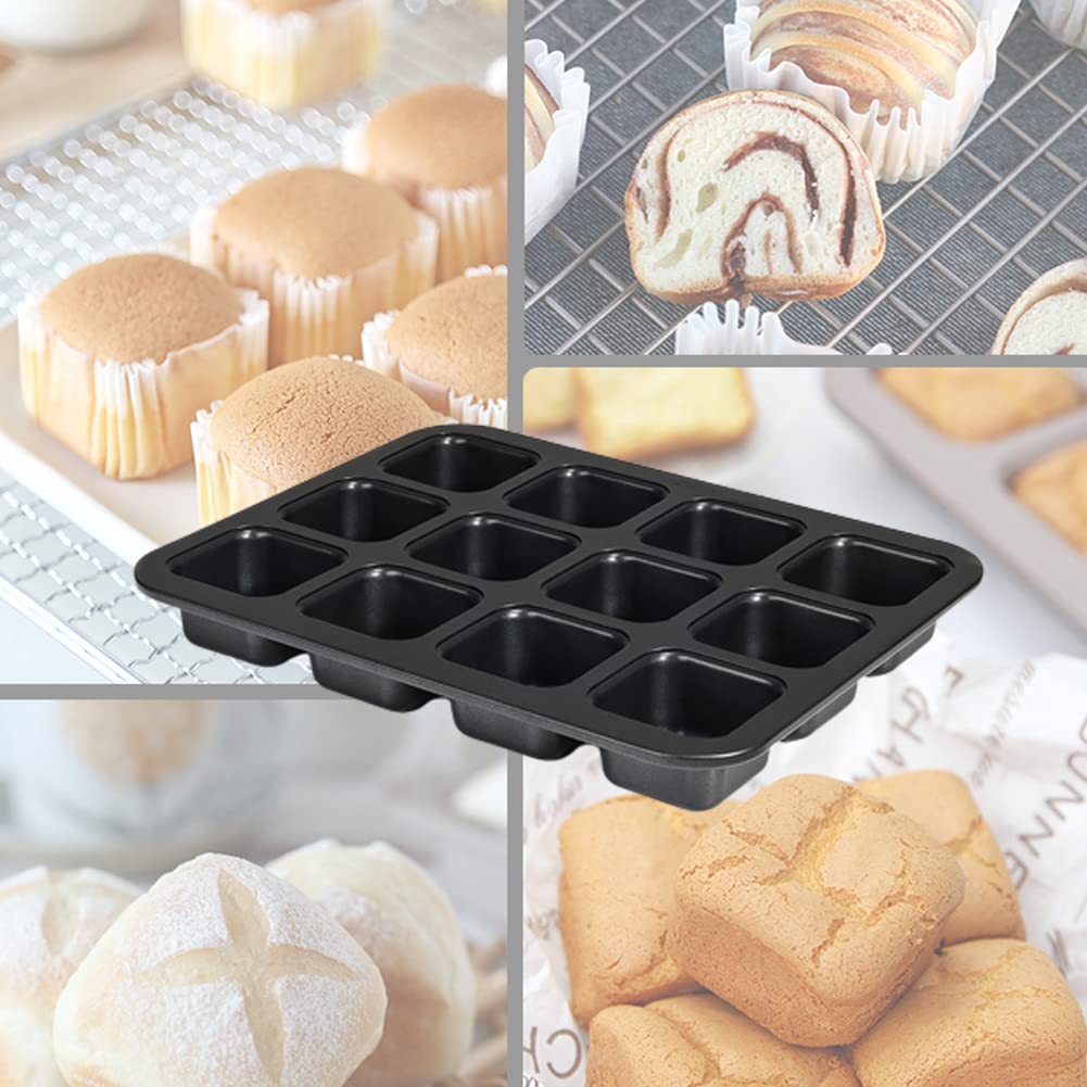 CANDeal Moule à Brownie Antiadhésif De Taille Morsure, Mini Moule à Pain à 12 Cavités Pour La Cuisson, Moules à Muffins Carrés En Acier Au Carbone Robuste