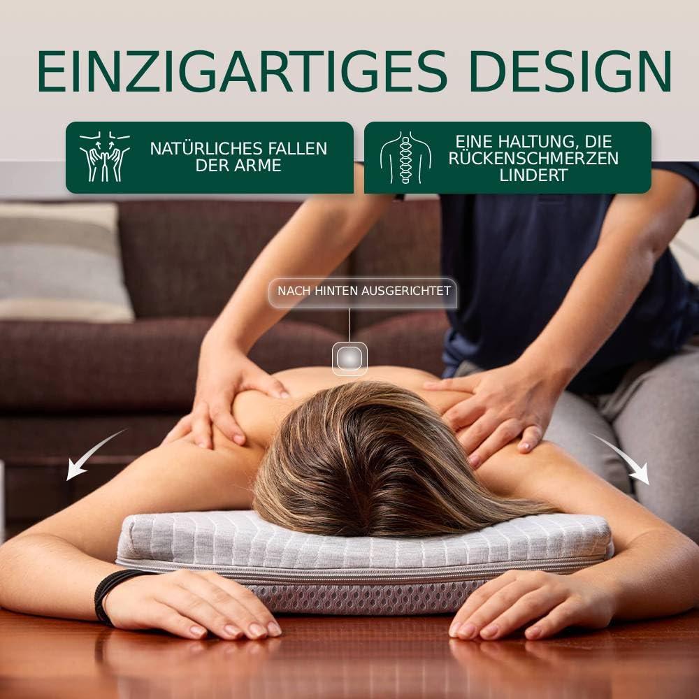 Massagekissen für Nacken, Rücken und Lendenwirbelsäule mit ergonomischer Gesichtsaussparung – bequem in Bauchlage atmen – Fester Schaumstoff, waschbarer Bezug – INKL. Massageöl 100 ml
