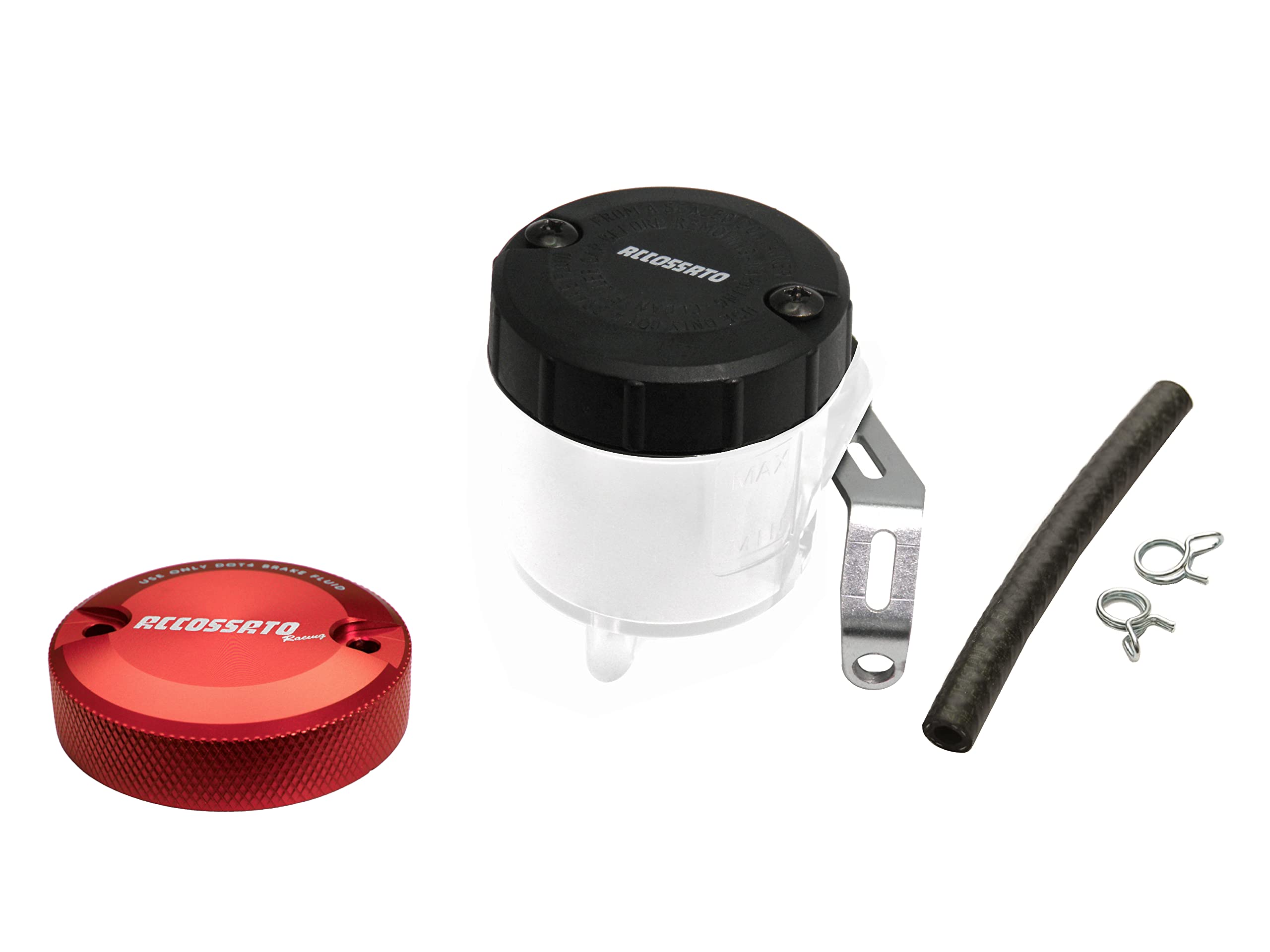 ACCOSSATO Kit di Montaggio vaschetta Olio Freni da 45 ml in plastica Bianca con Tappo in Alluminio CNC ossidato Rosso e Staffa specifica per Pompe