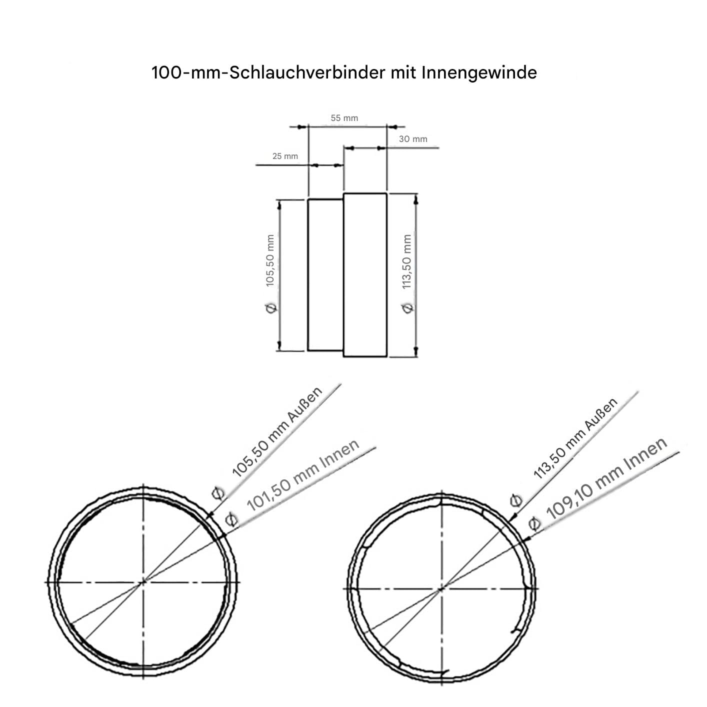 SPARES2GO Wäschetrockner-Adapter-Set, 100 mm, Gewinde, männlich und weiblich, für Schlauchauslass-Anschlussringe