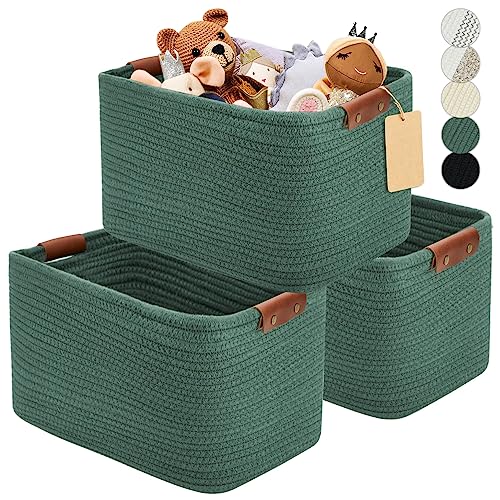 Image of Storage Baskets for Shelves, Cotton Rope Woven Basket With Handles for Organizing, 3-Pack 15"x11"x9.5" Decorative Towel Baskets for Shelves Organizer, Classroom, Kids Toy Bins, Closet, Baby Nursery