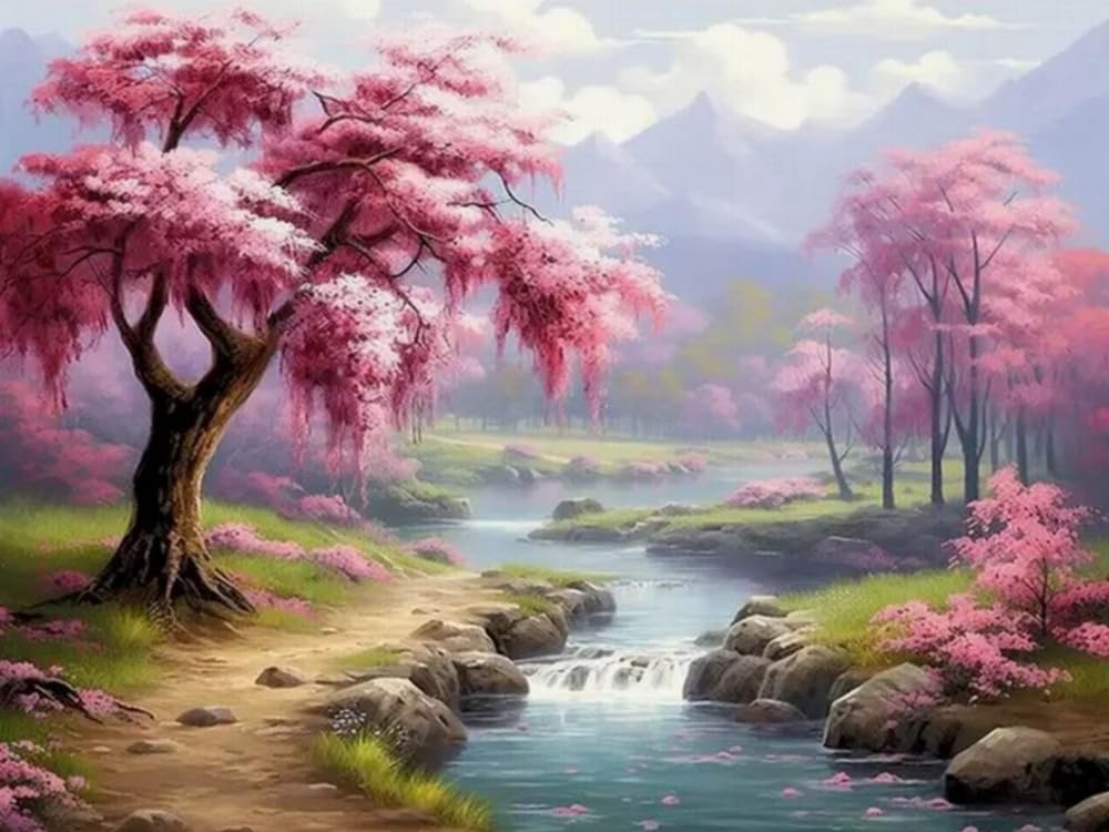 Weiniuniu Cross Stitch Kits for Adults Cherry Blossom Tree and Stream 11CT Pre Printed Stamped Beginners Cross-Stitch Kit DIY Embroidery Kit Home Decor-40X50 cm