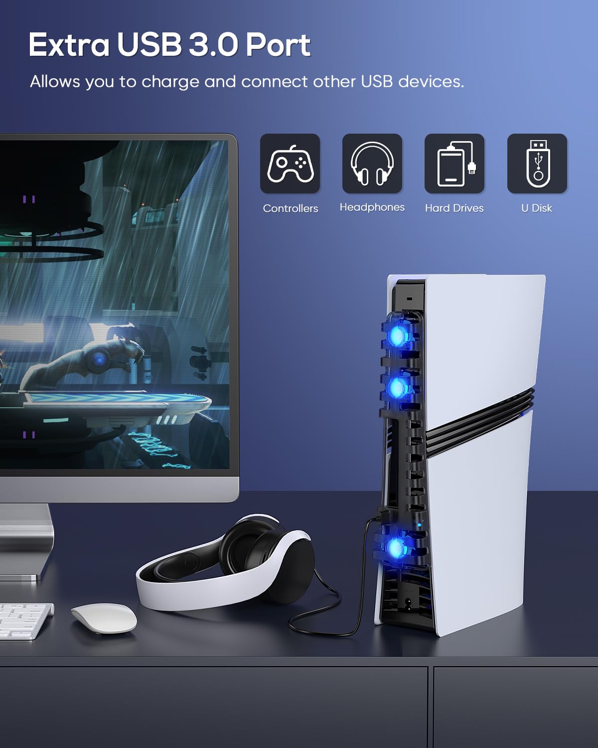 Ventola di raffreddamento automatica per PS5 Pro/PS5 Slim, porta USB 3.0, regolabile a 3 velocità, con luce LED, funzione di memoria, sistema di raffreddamento silenzioso ed efficiente per PS5