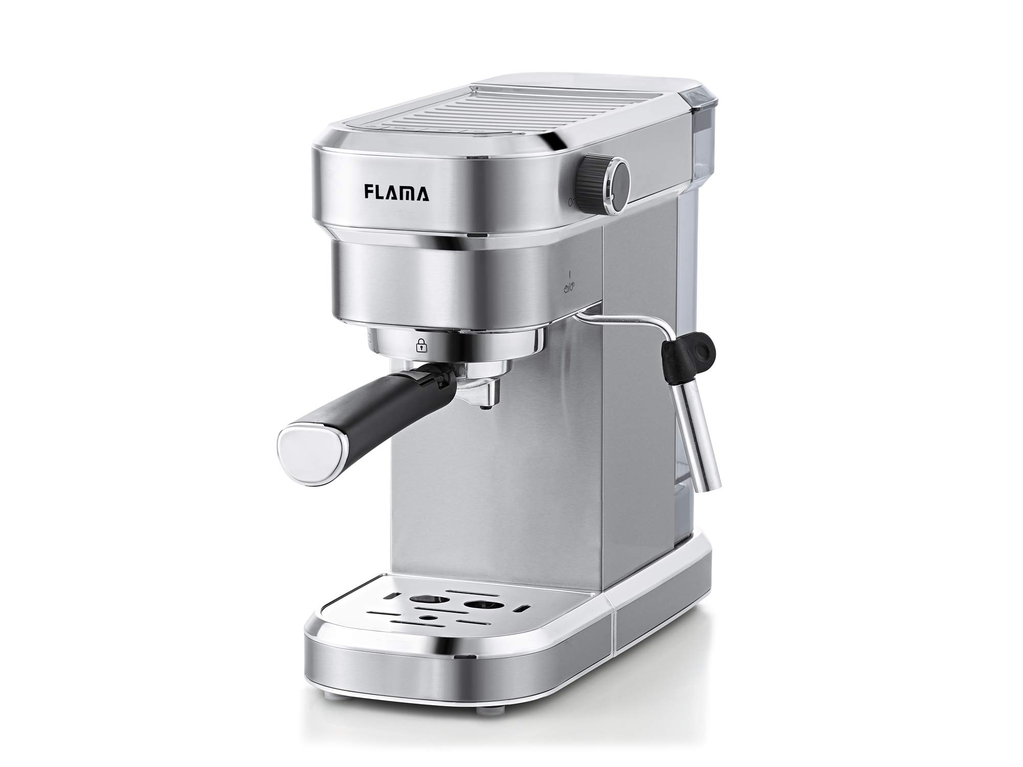 FLAMA Cafetera Expreso 20 Bar con Vapor 1256FL, 1350W, Acero Inoxidable, 3 filtros Para Café Molido y Monodosis, Capacidad de 1.2L, Sistema de Calentamiento por Termobloque, Gris Inox