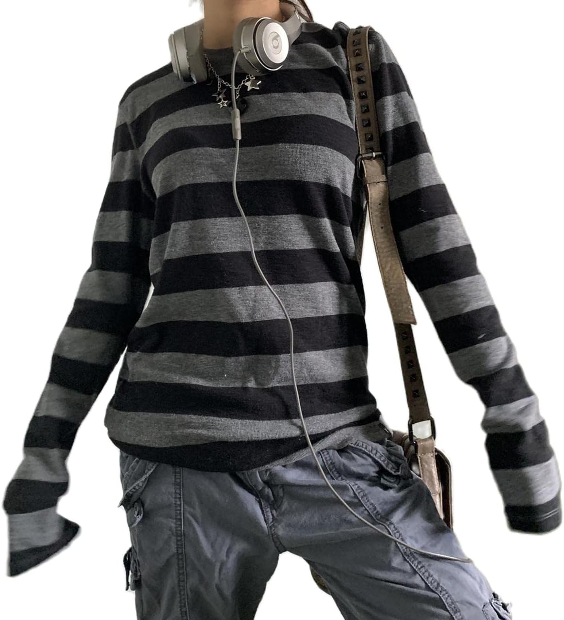 Womens Grunge Striped Shirt Vintage Long Sleeve Crew Neck Slim Gothic Tops Y2k E Girl Aesthetic Blouse Streetwear