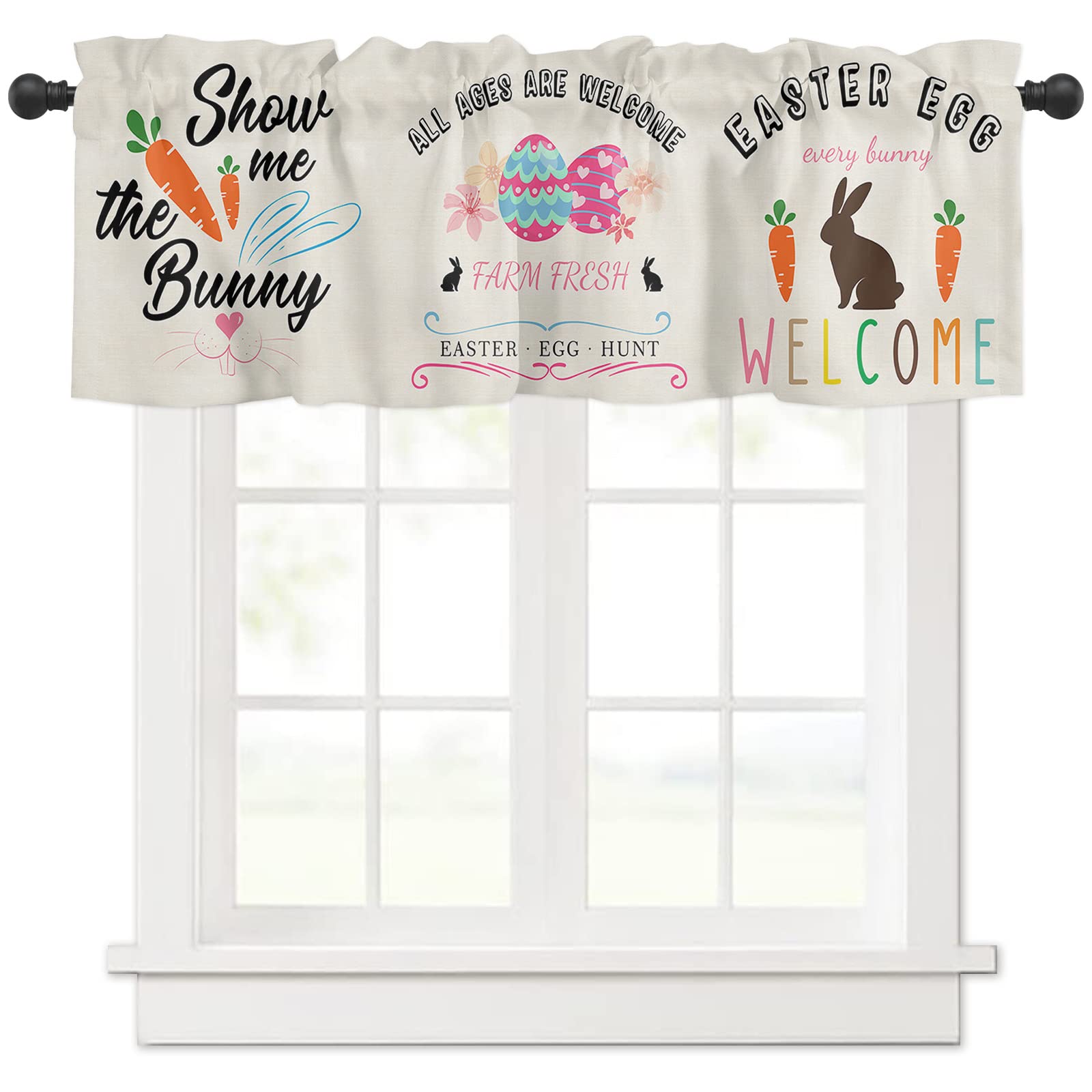 Valances Curtain,Easter Rabbits Carrots Patchwork Retro Texture,Thermal Insulated Rod Pocket Valances Curtain for Kitchen Window,54x18 Inch-image-20
