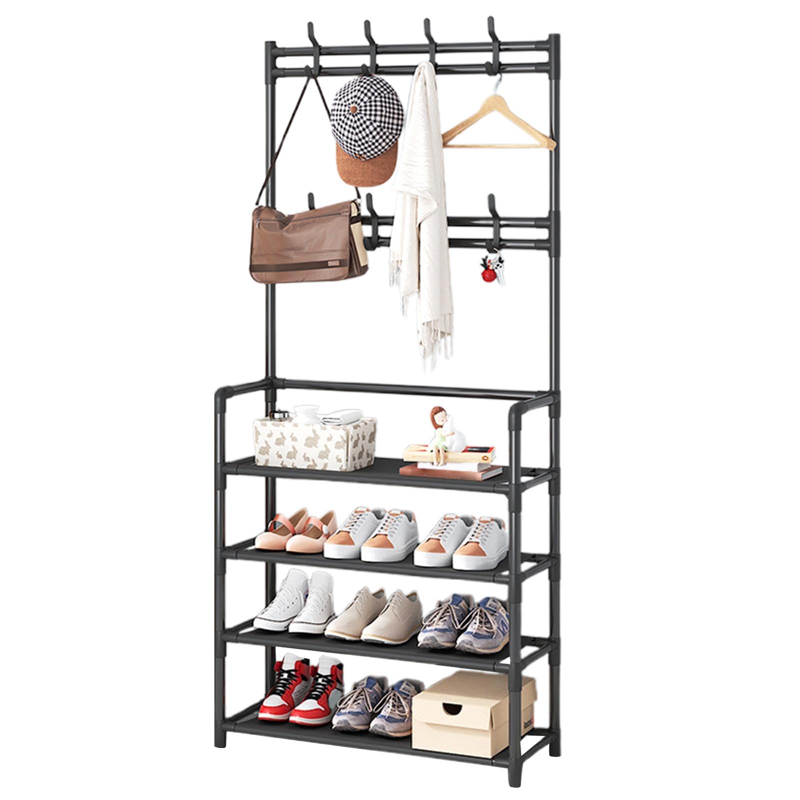 FGXHHS Freestanding Coat Rack Stand with Removable Hooks & 3-Tier Shoe Shelves - Hall Tree Entryway Storage for Clothes Shoes Ideal Hallway Cloakroom