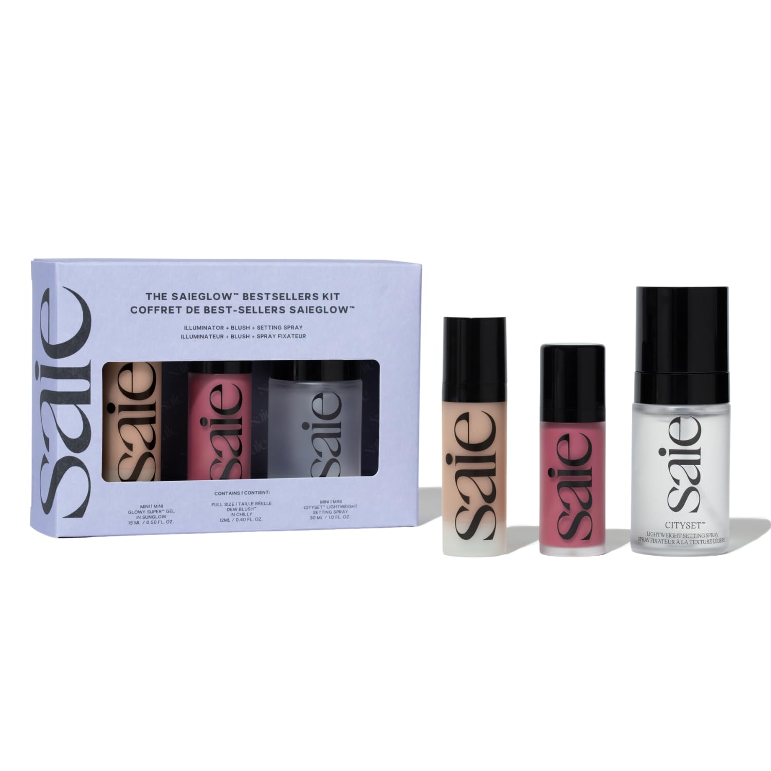 Saie Saieglow Bestsellers Kit - Full-Size Dew Blush, Mini Glowy Super Gel & City Set Setting Spray (3 Ct)