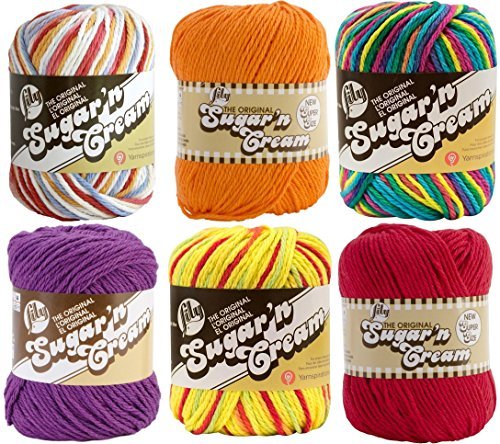 Variety Assortment Lily Sugar'n Cream Yarn 100% Cotton Solids and Ombres (6-Pack) Medium #4 Worsted Bundle