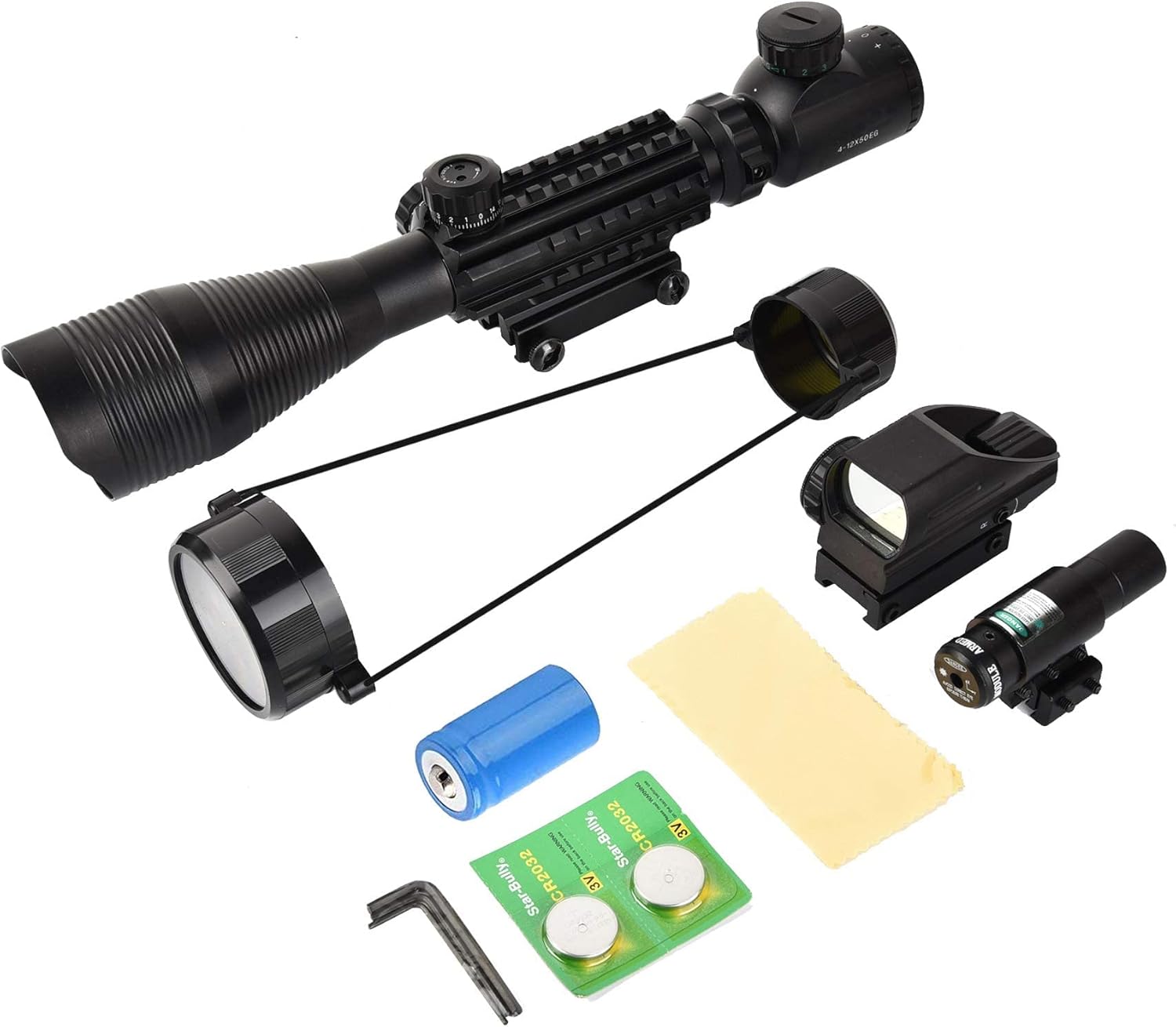 MidTen Riflescope Combo 4 12x50EG Dual Illuminated Optics   IIIA 2MW Laser Sight   4 Holographic Reticle Red Green Dot Sight   20mm Scope Mount Image