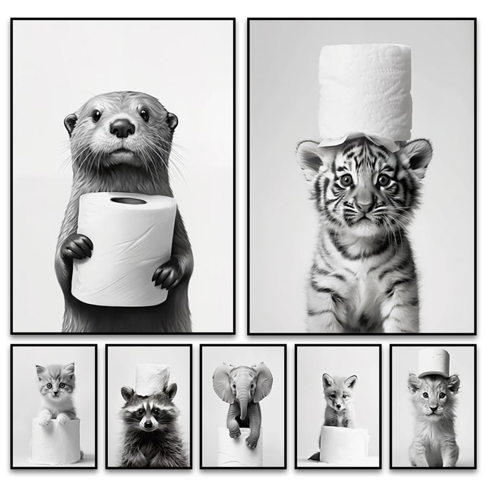 Affiche Murale Noir et Blanc Humour Animaux 40x50 Poster WC Deco Salle de Bain Toilette Humoristique