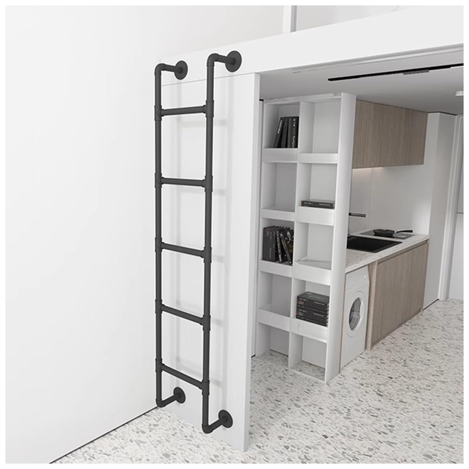 Black White Attic Ladder Vintage Industrial Iron Pipe, Basement Window Well Escape Ladder, Top Bunk Bed Ladder Only for Dorm Room Camper Travel Trailer RV Motorhome, Kids Adults (Color : Black, Size
