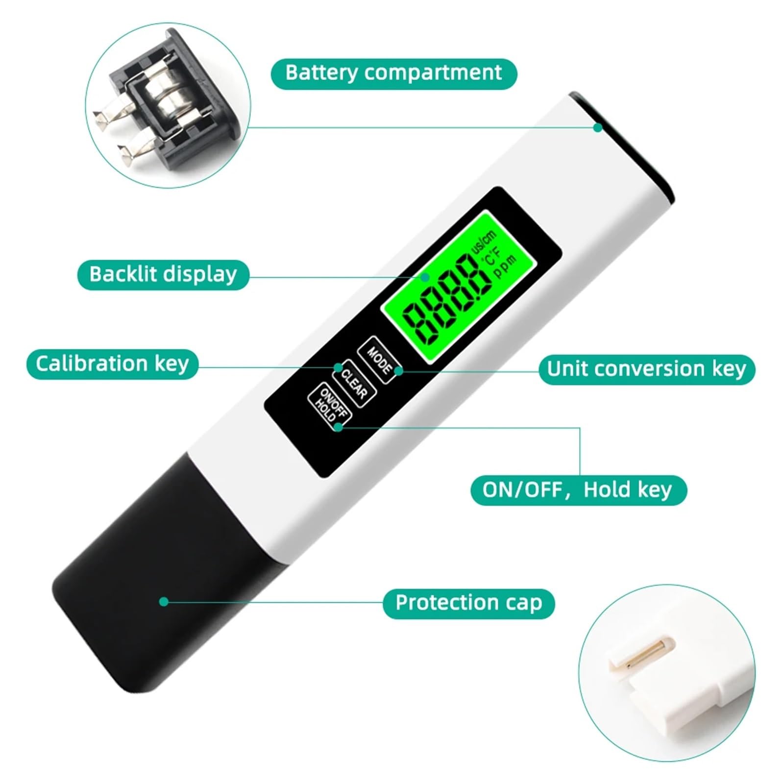 Cyfrowy tester wody, tester jakości wody z podświetlanym wyświetlaczem LCD do basenów, wody pitnej i akwariów