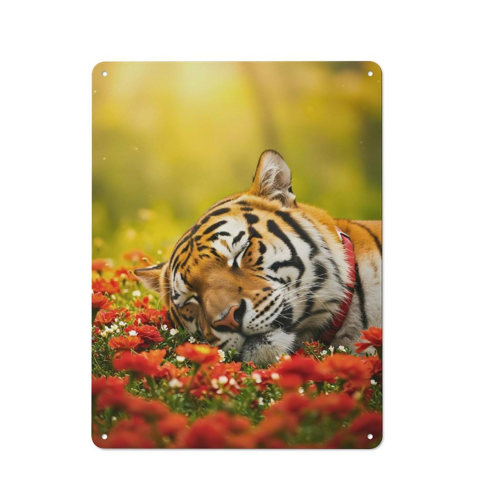 Junmoney Sleeping Tiger In A Field Of Flowers Tin Wall Plaque 40X30cm With For Dining Room Or Kitchen, Winter Wall Decor For Dining Room Decor Fans