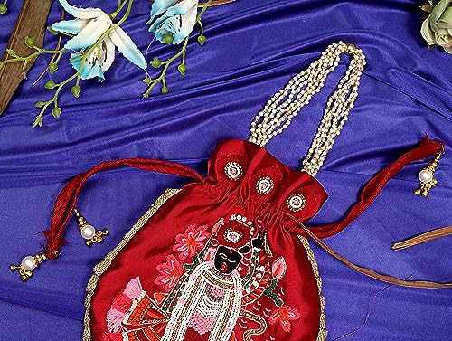 GLAMHUB Q-One Embellished Silk Potli Bag with Protective Bag, Handbag, Wristlets, Clutch for Women, Girls with Handmade Embroidery, Beads Work for Parties, Weddings - Image 5