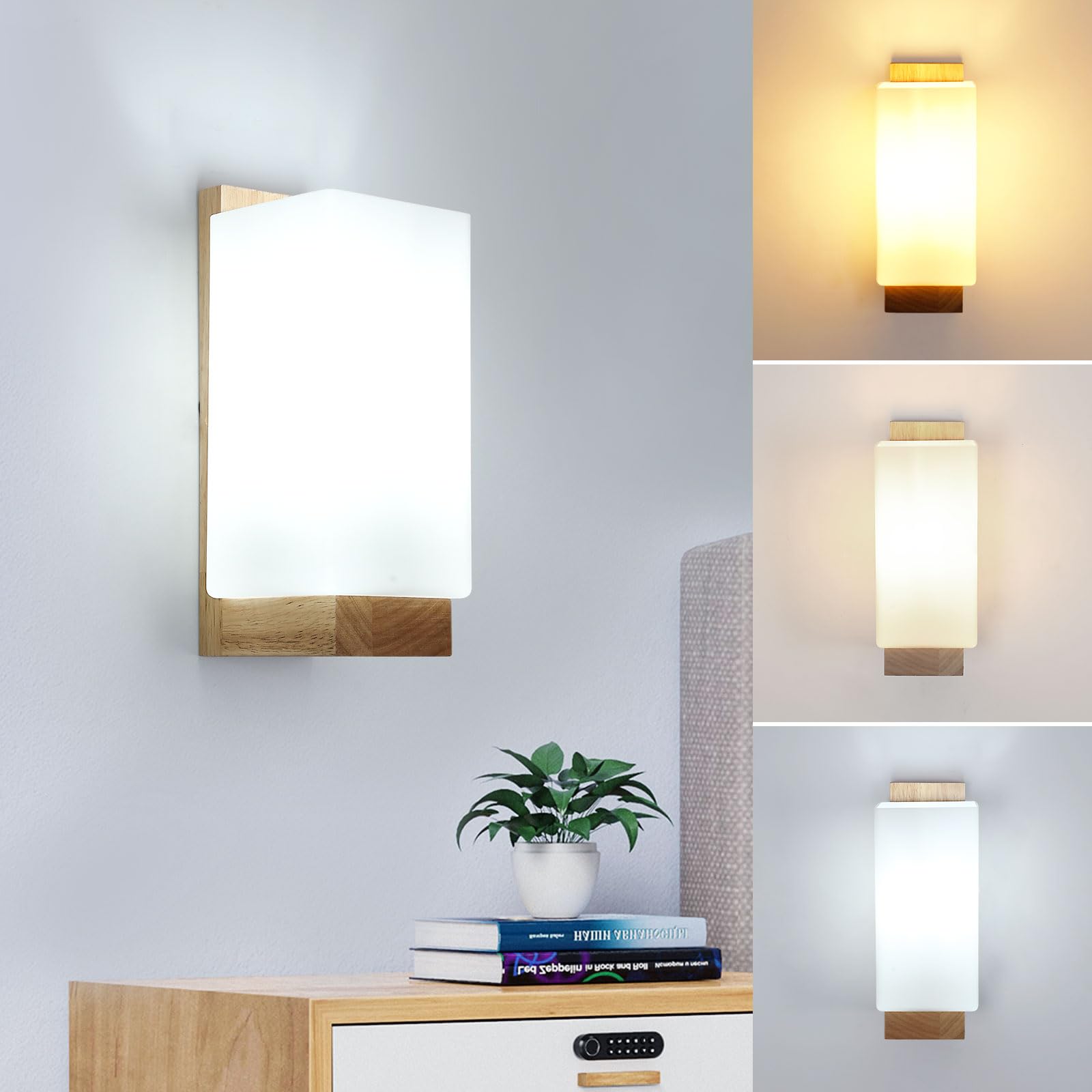 Aplique LED de Madera Interior, Lámpara de Pared 12W, Retro, 3 Temperaturas de Color para Dormitorio, Pasillo, Salón, Escaleras (Incluye Bombilla E27)