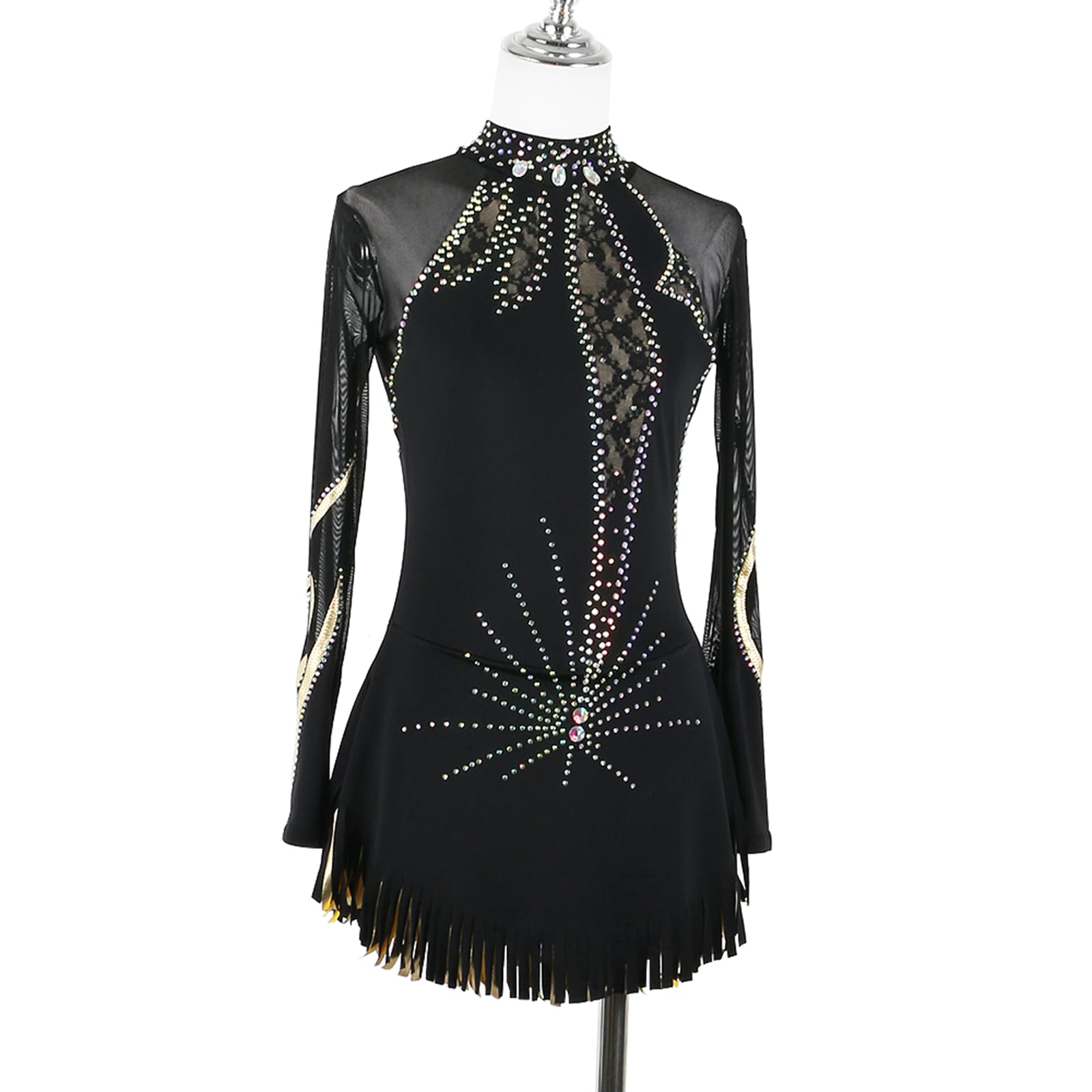 Vestido de Patinaje artístico, Malla con borlas y Diamantes de imitación, Traje de competición, Leotardo de Danza lírica y Gimnasia, Vestido de Patinaje sobre Hielo (Negro S)