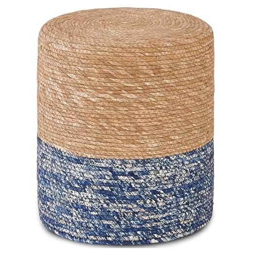 Wimarsbon Natural Seagrass Foot Stool, Hand Weaving Round Ottoman, for Living Room, Outdoor Seat (Natural & Blue)
