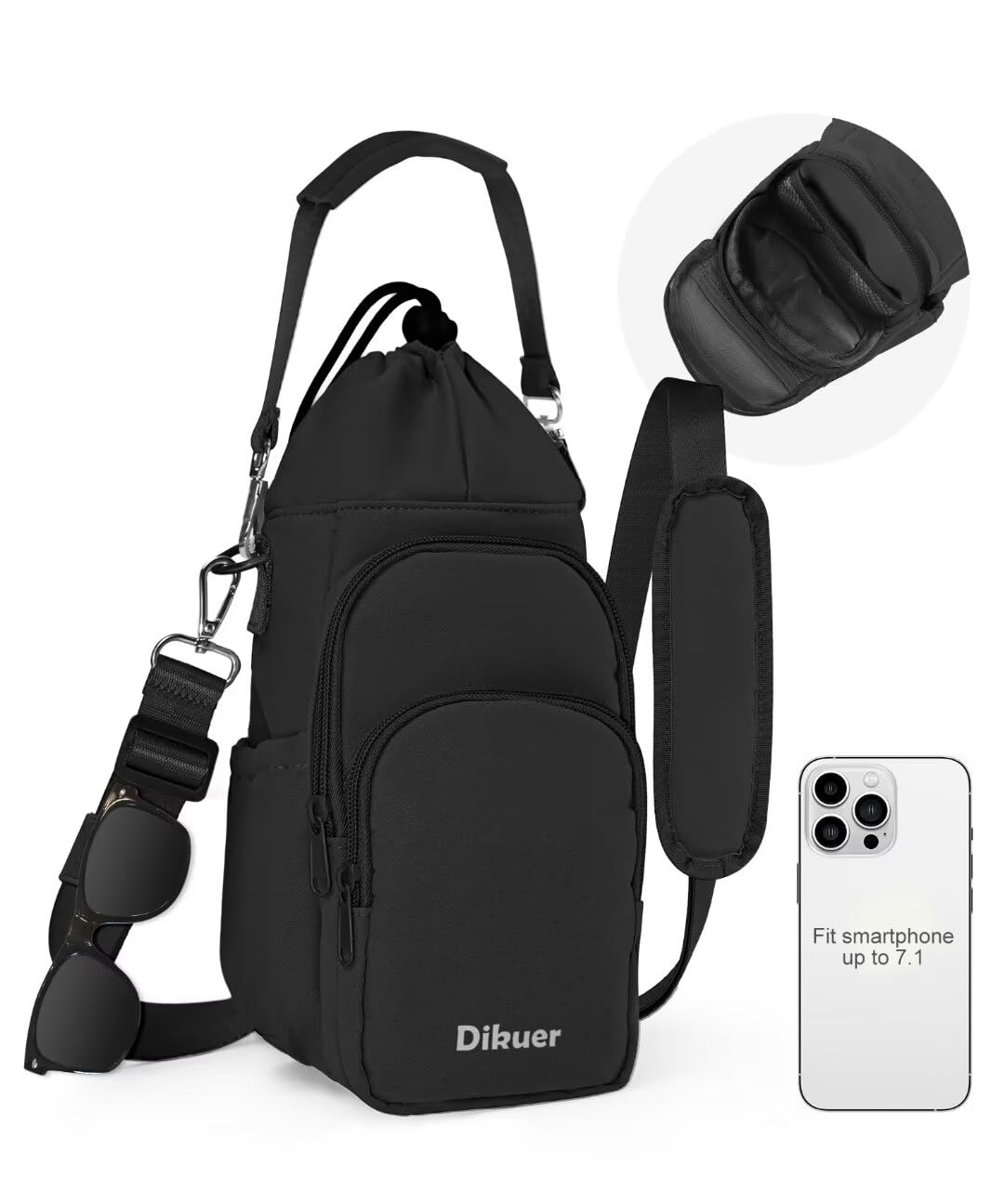 Water Bottle Holder with Strap, 4 Big Pockets with Compartment, 24oz/32oz/40oz Crossbody Water Bottle Carrier Bag