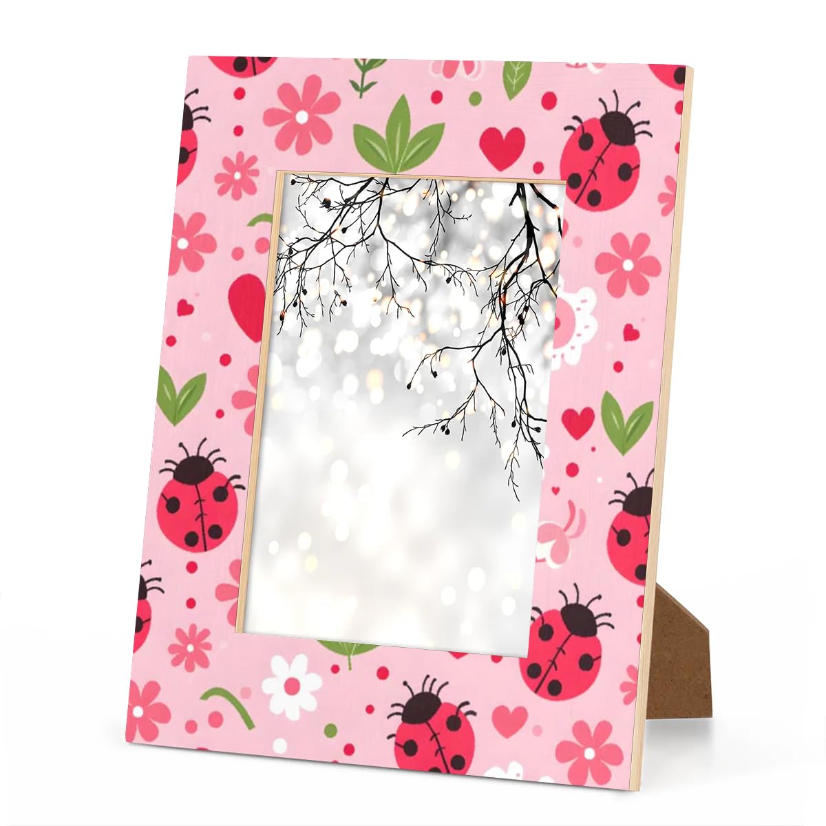 Foerrkelg Cartoon Ladybugs Picture Frame 4x6, Animals Ladybugs 4x6 Photo Frame Horizontal and Vertical Display 4 by 6 Wooden Picture Frame for Desktop