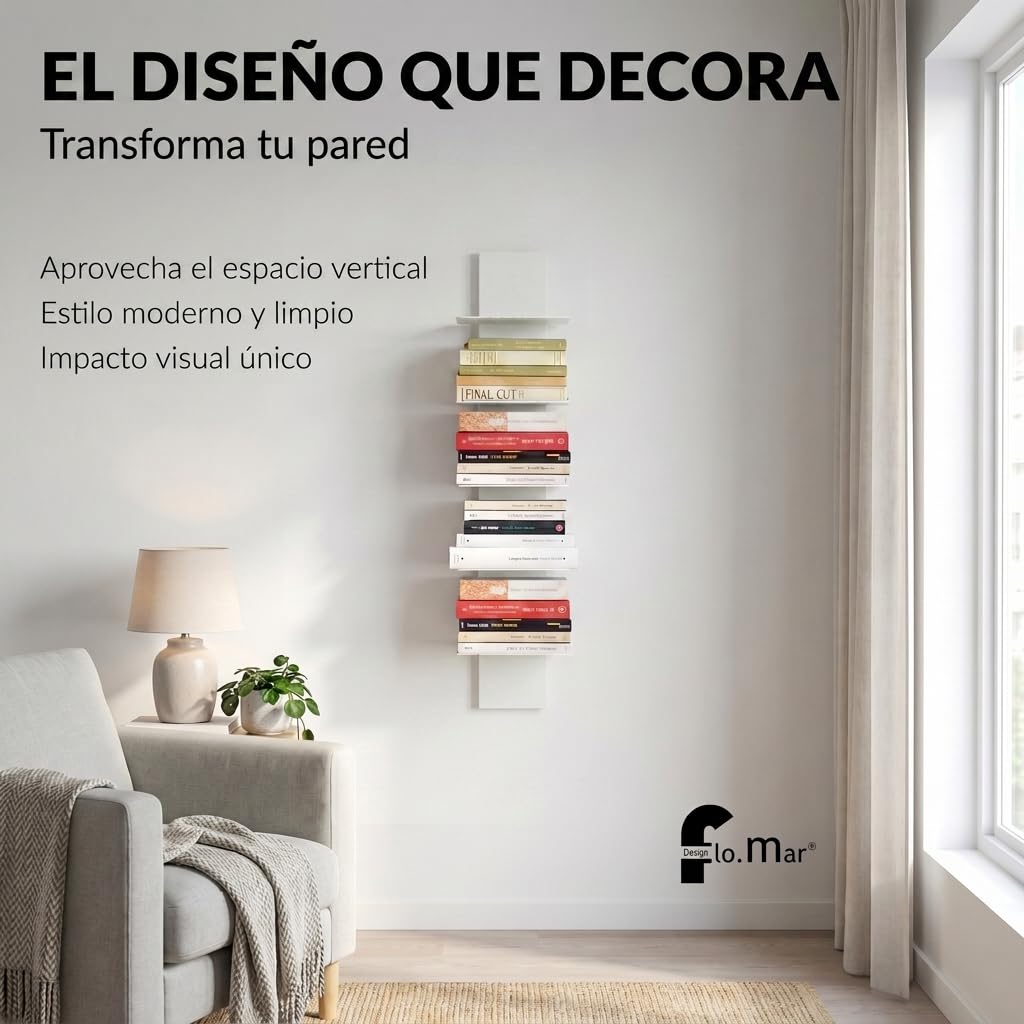 Flo.mar Librería Estantería Vertical de Pared en Metal Resistente con 7 Estantes 20x15 cm, Estanterías Metálicas Modernas para Libros Hogar y Oficina (Blanco, 103 cm)