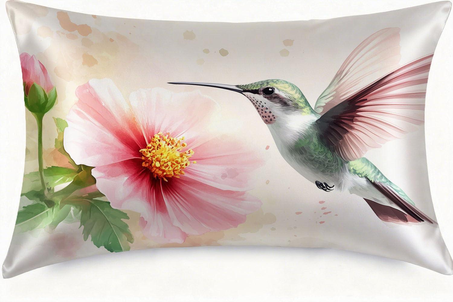 Photo 1 of 1 Pack Satin Pillowcase for Hair and Skin Watercolor Hummingbird and Flower Imitation Silk Pillowcase with Hidden Zipper Soft Breathable Pillow Cover Standard Size for Bedroom Sofa 20”x26”