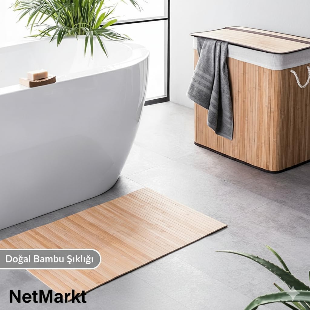 NetMarkt Lüks Bambu Banyo Paspası & Mutfak Matı | Kaydırmaz Tabanlı, Suya Dayanıklı | Çamaşır Makinesi Üstü Dekoratif Örtü Olarak Kullanılabilir | Doğal Ahşap Görünümlü
