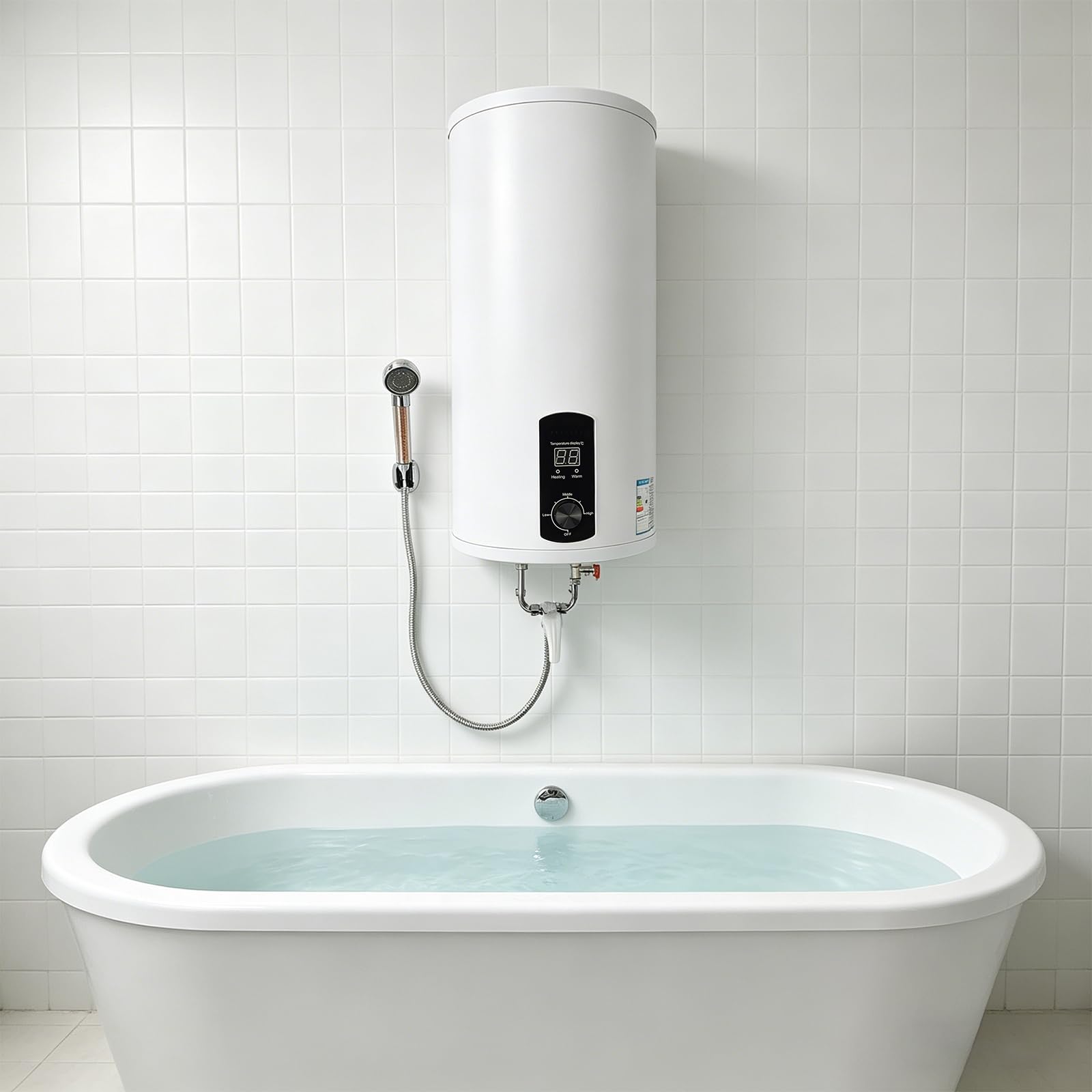 Scaldacqua istantaneo elettrico, 2000 W, serbatoio da 80 l, 35-75 °C, indicatore LED con soffione doccia, supporto doccia, bianco