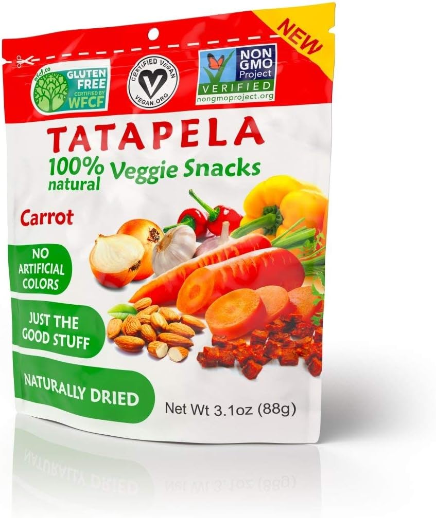 Tatapela 100% Natural Healthy Veggie Snacks, Carrot Almond, Naturally Dried Slightly Hard Chewy Bites, No Artificial Colors, Flavors or Preservatives, Non-GMO, Vegan, Gluten-Free, Made In USA, 3.1 oz.